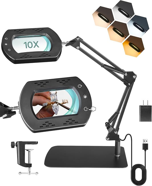 10X Square Magnifying Glass with Light and Stand, 2-in-1 LED Lighted Desk Lamp & Clamp, 5 Color Modes Stepless Dimmable, Hands-Free Magnifier Desk Lamp for Reading Craft Close Work B01DL05
