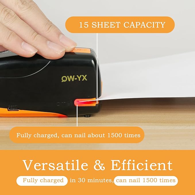 XY-WQ Mini Automatic Electric Stapler - 15 Sheet Capacity and AC Adapter - Electric Stapler, Jam Free, Small Cute Compact Travel Size for Students & Office (Black)