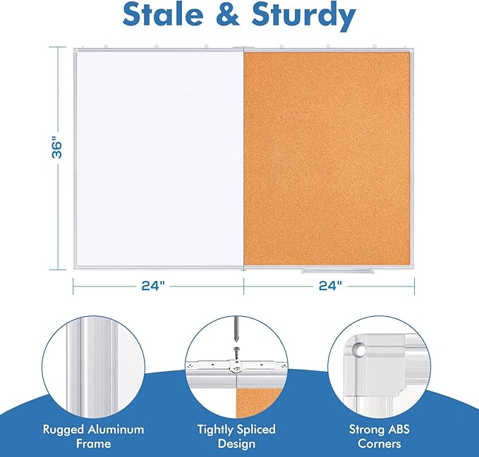 Magnetic White Board and Cork Board Combo, 48 X 36 inches Whiteboard Bulletin Combination Board, Wall Mounted Dry Erase Message Board for Home, School and Office