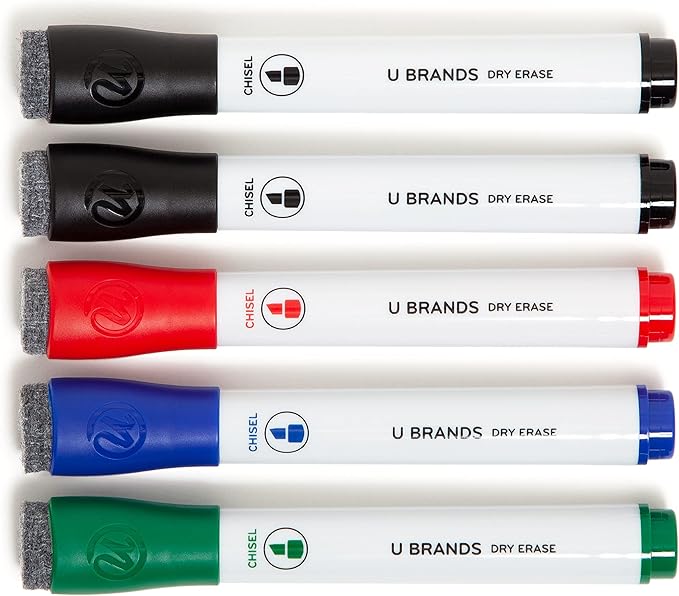 U Brands Fine Tip Dry Erase Markers with Eraser, Whiteboard Markers with Chisel tip, Extra Ink, Low Odor, Assorted Colors, Set of 5