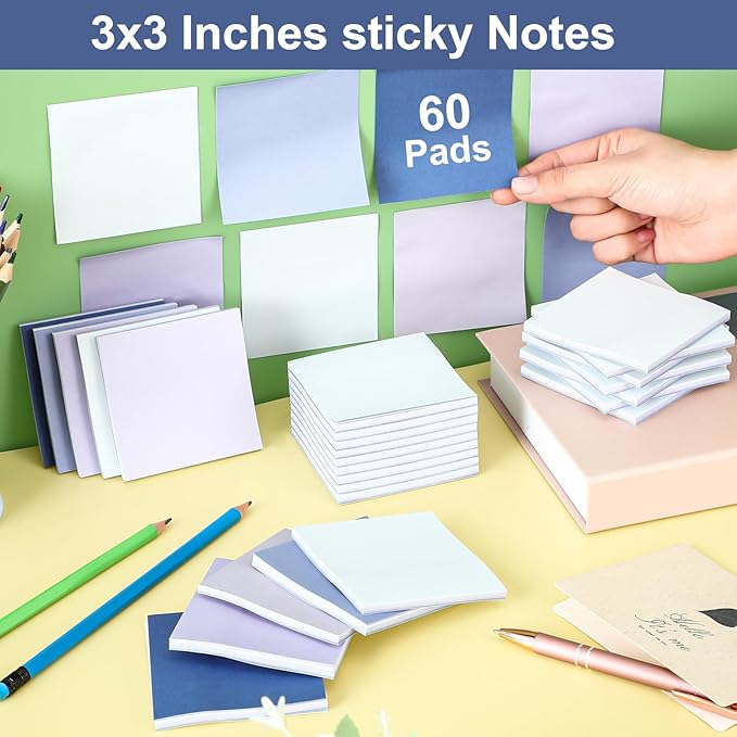 Thenshop 60 Packs Sticky Notes Bulk 3x3 Inches Colorful Self Stick Note Pads Paper Memo for Office School Notebook Supplies, 60 Pads, 50 Sheets/pad(Blue Series Color)