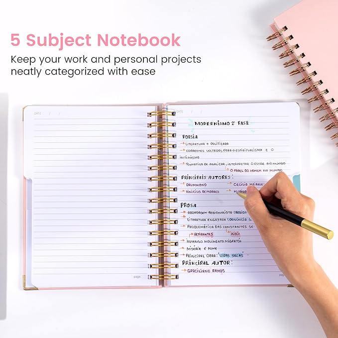 Yoment Hardcover Spiral Notebooks for Work School Note Taking, 6.1"x8.3" Journal Notebook with Tabs Dividers, Multi 5 Subject Notebook College Ruled, 200 Pages Lined Journal for Women, Pink