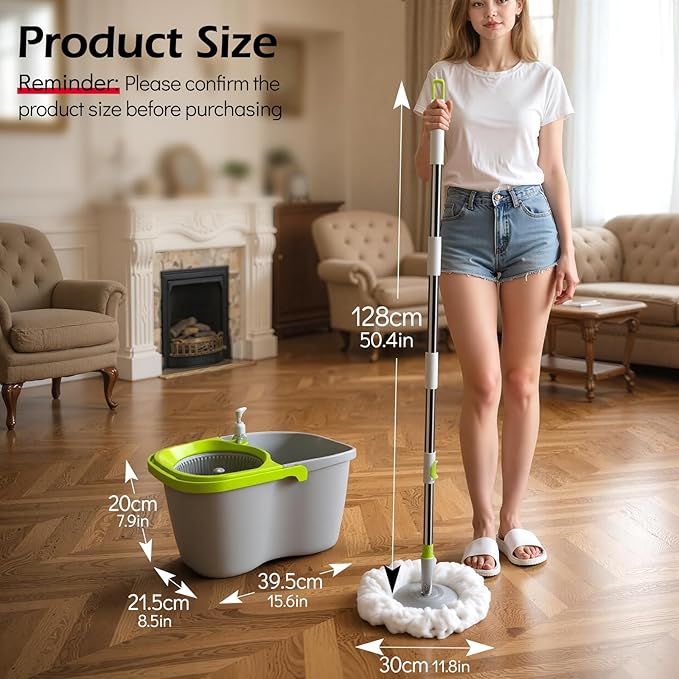 MASTERTOP Small Mop and Bucket with Wringer Set, Spin Mop Cleaning System with 3 Mop Pads,Spinning Mop Bucket for Floor Cleaning, 50.4" Extended Handle