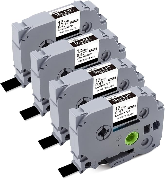 Tze-335 TZe335 Black Label Maker Tape Compatible with Brother P Touch Label Tape TZ TZe 12mm 0.47 Laminated with P Touch PT-H110 PT-D210 PT-D400 PT-D600,White on Black 4-Pack