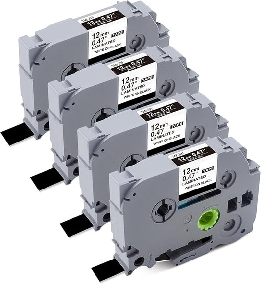 Tze-335 TZe335 Black Label Maker Tape Compatible with Brother P Touch Label Tape TZ TZe 12mm 0.47 Laminated with P Touch PT-H110 PT-D210 PT-D400 PT-D600,White on Black 4-Pack