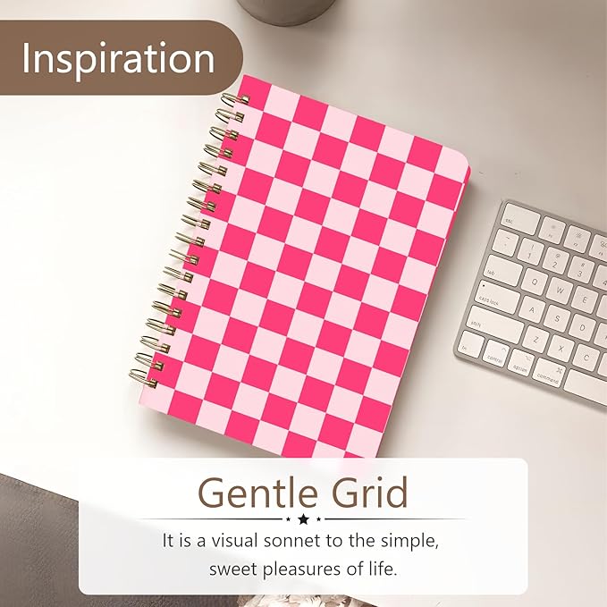 Cute Spiral Notebook journal A5 Aesthetic Pretty Floral Design for Women Girls Kawaii with Pocket, 8.5 x 5.7 inch, Pink Plaid