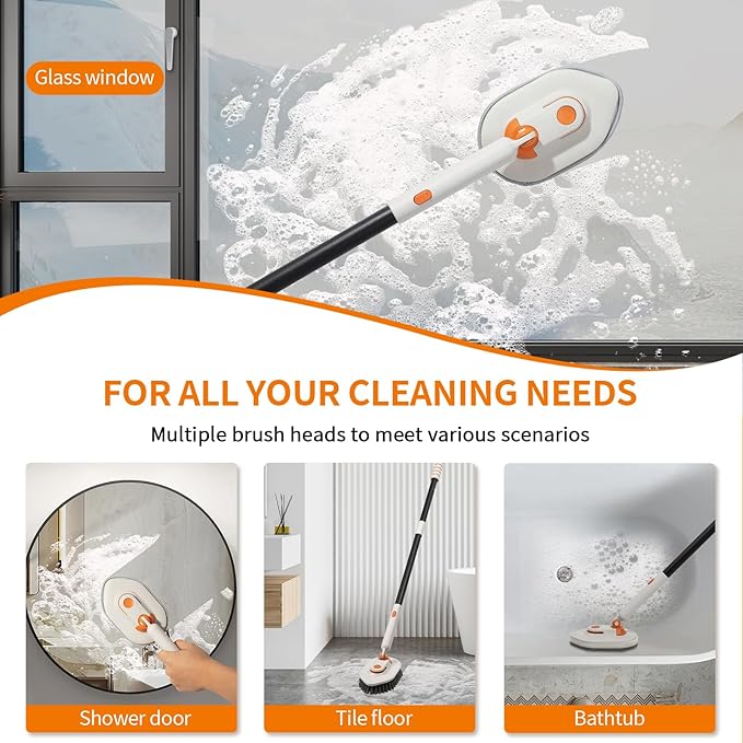 Tub Scrubber Brush with Long Handle, 3-in-1 Non Scratch Shower Scrubber Brush & 5 Detachable Replacement Brush Heads for Cleaning Bathroom, Tiles, Tub, Floor and Surfaces