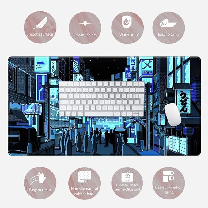 Japanese Gaming Arcade Blue Large Gaming Mouse Pad Keyboard Desk Pad Extended Mouse Pad Gaming Office Decor, Pc Laptop Mouse Pads Large (31.5x15.7 in) with Stitched Eges Non-Slip Base Mousepad XXL