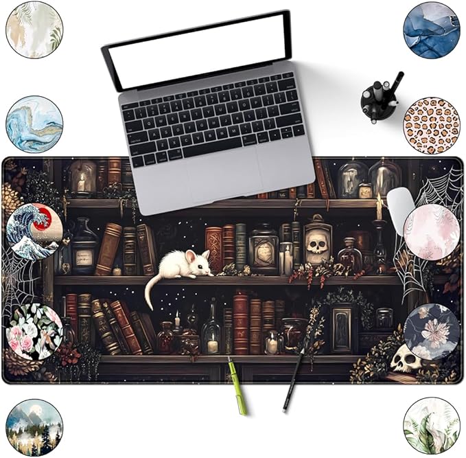 Dark Witchy Desk Mat Gaming Desk Pad Large Mouse Pad, Magician'S Fantasy Bookcase Gothic Mouse Mat XXL Laptop Keyboard Pad, Laptop Keyboard and Mouse Mat Desktop Protector Mat 31.5 X 15.7 in