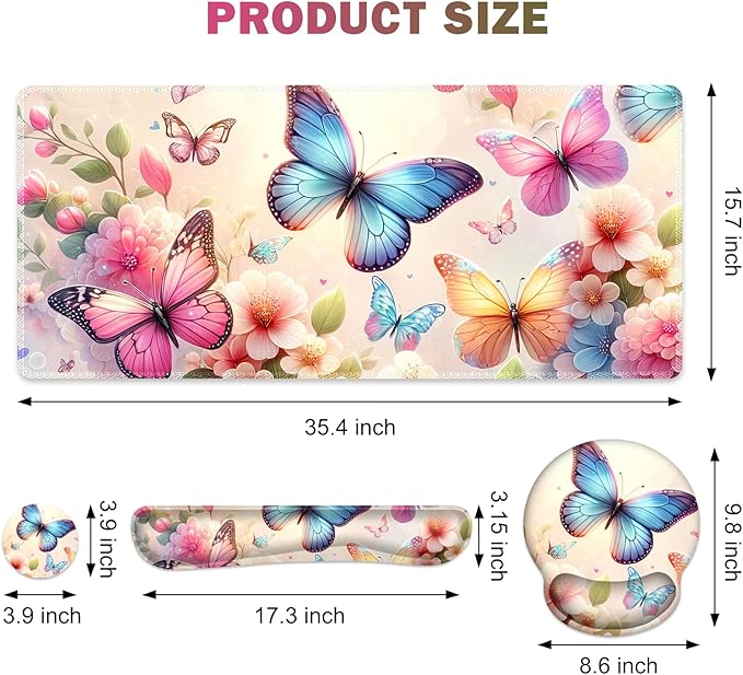 Gaming Mouse Pad, Large Desk Mat, Cute Desk Pad Protector, 4in1 XXL Mousepad + Keyboard Wrist Rest+Mouse Wrist Rest+Coaster Set with Ergonomic Desk Pad for Home Office PC Computer, Butterflies Flowers