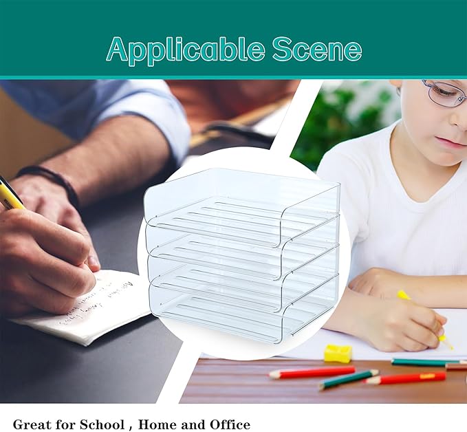 4 Tier Stackable A4 Paper Trays, Office Desk File Holder, Tidy File Document Letter Book Paper Organizer (4 Tiers,Clear)