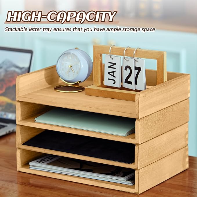 Yeaqee 4 Pcs Stackable Paper Organizer Tray Wood Desk Organizer Letter Tray Desktop Letter Size Office Wooden Desk Shelf Paper Holder Folder Organization Rack for Mail File Document(Light Wood Color)