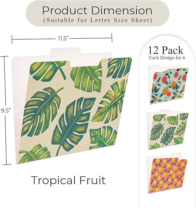 Y YOMA 12 Pack Decorative File Folders Letter Size File Folder with 1/3-Cut Tab Cute Pretty Colored Heavyweight Filing Folder File Organizers for Office School Home Desktop, Tropical Fruits