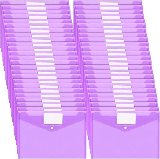 Yeaqee 50 Pcs Plastic Envelopes Poly Envelopes File Folders with Snap Button Closure Clear Folders for Documents US Letter A4 Size Filing Holder with Label Pocket for Home Office School(Purple)