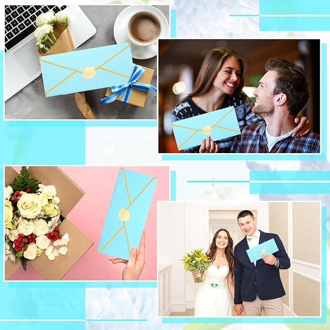 Business Envelopes with V-Flap,Gold Border 30 Pack #10 Envelopes Made of 150gsm Paper, Standard Envelopes with Gold Stickers for Office, Checks, Letter Mailing,9.45 x 4.13 Inches (Light Blue)