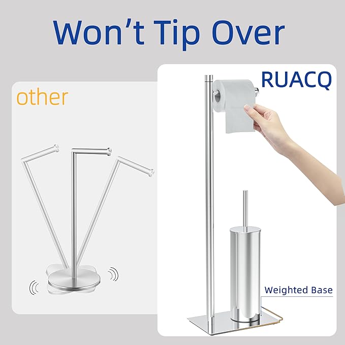 RUACQ Toilet Paper Holder Stand with Toilet Brush and Holder Set, 304 Stainless Steel Bathroom Toilet Tissue Paper Roll Holder Free Standing, Weighted Base, Heavy Duty (Chrome)