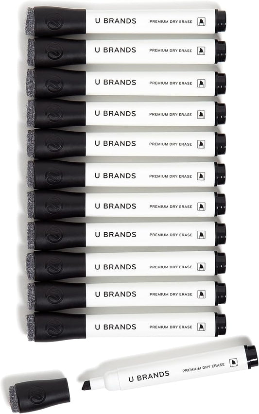 U Brands Fine Tip Dry Erase Markers with Eraser, Whiteboard Markers with Chisel tip, Low Odor, Black, Set of 12