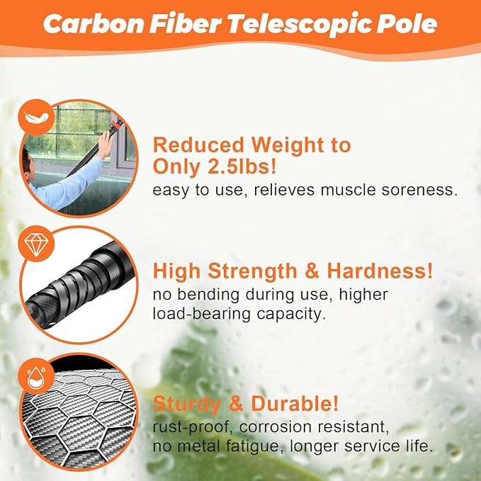 Msnaile Window Washing Kit with Extension Pole 4.7 to 24FT, Long Squeegee for Window Cleaning Indoor Outdoor, Carbon Fiber Telescopic Pole for Window Cleaner Tool with Microfibre Pad & Chenille Cloth