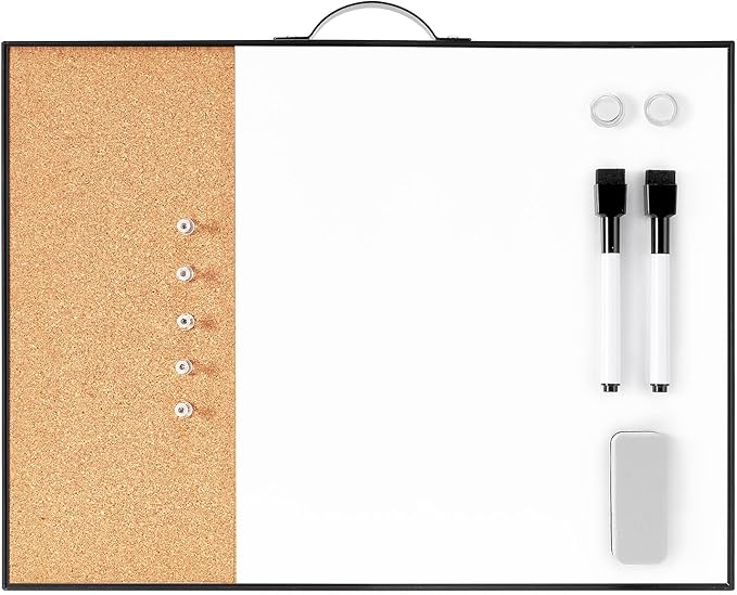 Small Cork Board Whiteboard Combo - 12" X 16" Portable Aluminum Black Framed Magnetic Dry Erase Board for Wall, Mini Bulletin CorkBoard with a Handle for Office, Home and School