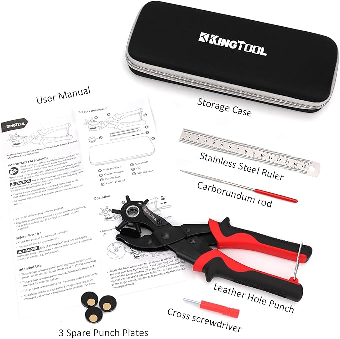 KingTool Leather Hole Punch Set, Super Heavy Duty Rotary Puncher, Multi Hole Sizes Maker Tool