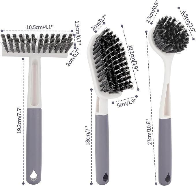 Xicennego 3 Pack Kitchen Cleaning Brush Set,1 Pot and Dish Cleaning Brush with Long Handle,1 Kitchen and Bathroom Brush with Scraper Strip, 1 Hard-Bristled Brush for Sink, Countertops, Tiles（Grey