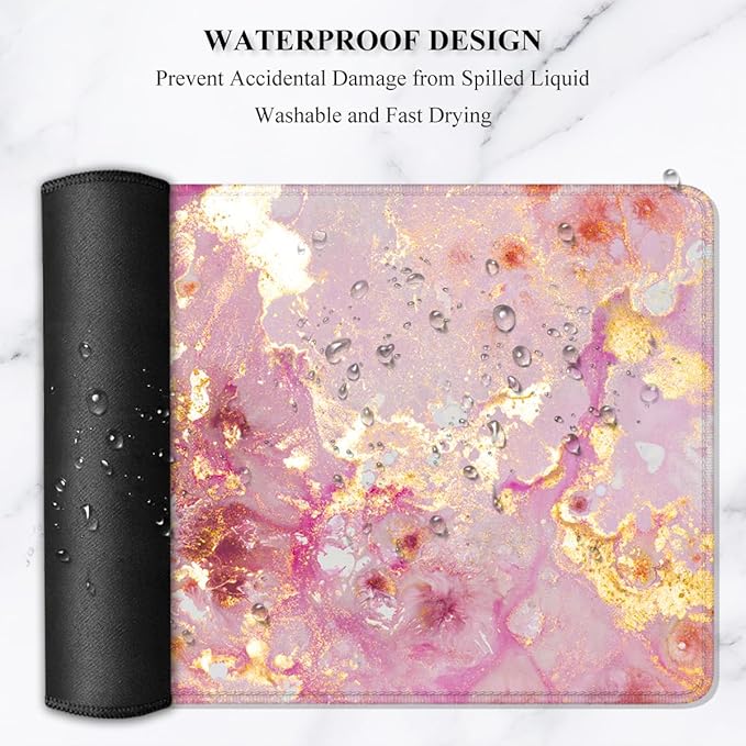Auhoahsil Large Mouse Pad, XXL Gaming Mousepad, Desk Mat for Desktop, Thick Rubber, Big & Long Size, Stitched Edges, Full Desk Pad for Laptop & Computer, Extended 31.5 x 11.8 in, Pink Gold Marble