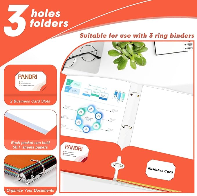 Two Pocket Portfolio Folders, PANDRI 60 Pack 3 Hole Punched 2 Pocket Folders for 3 Ring Binder, Letter Size Paper File Folder for School Office Home Business, Red