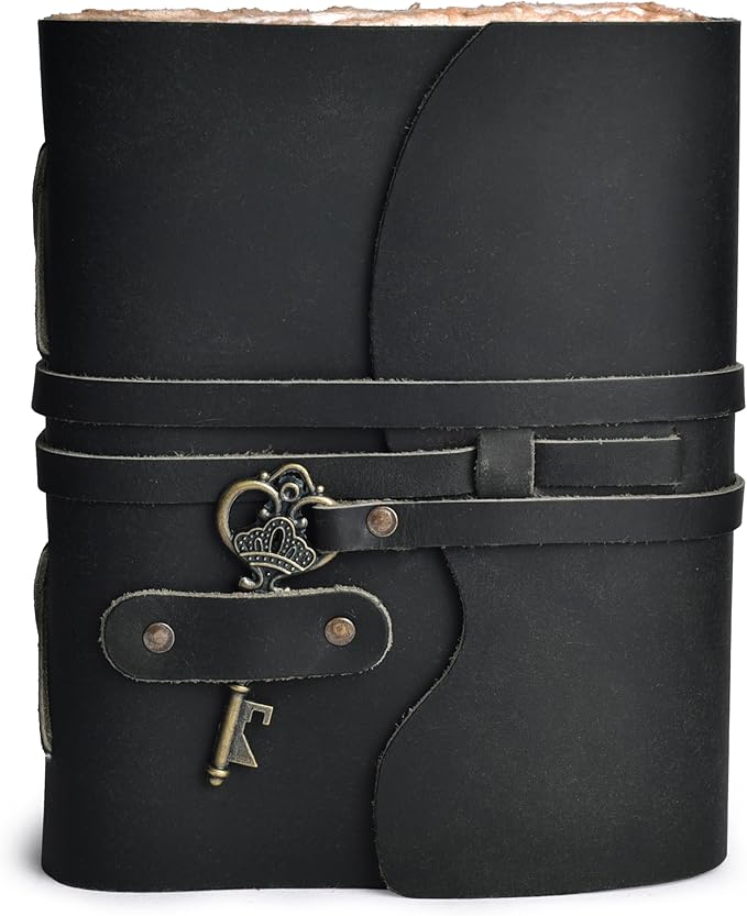 LEATHER VILLAGE Vintage Leather Journal – 200 Handmade Vintage Deckle Edge Paper – Leather bound Journal For Women Men – Vintage Key Closure - Book of Shadows - Black - 6X4 inches (A6)