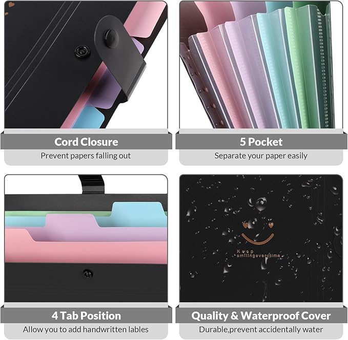 SKYDUE Expanding File Folder with 5 Pockets, Cute Accordion File Organizer, Letter Size Filing Folder, Portable Paper Organizer, School Office Supplies Black
