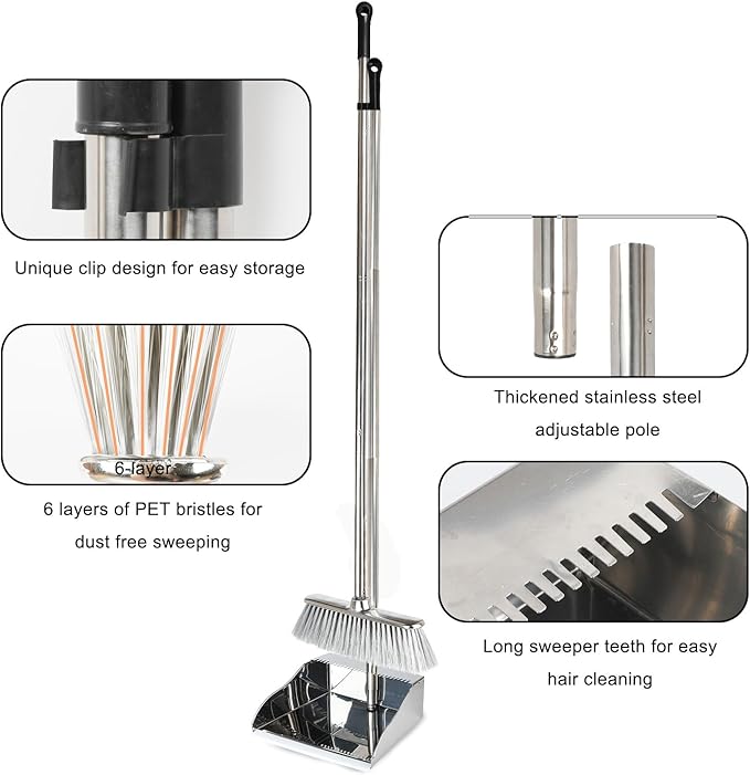 Metal Dustpan with Soft Bristles Broom Heavy Duty Stainless Steel Upright Standing Dust Pan and Broom for Sweeping Indoor Outdoor Home Kitchen Office Lobby Hardwood Floor Cleaning