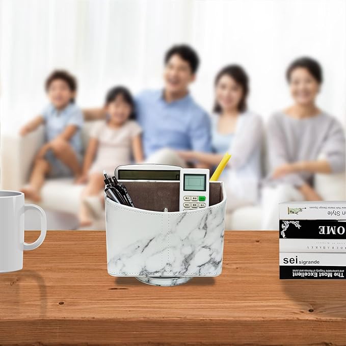 PU Leather Remote Control Holder 360 Degree Rotating Desk Organizer/Caddy Storage Box for Remote Controllers,TV Guide, Mail, Electronics,Pen,Stationery and Media Storage white