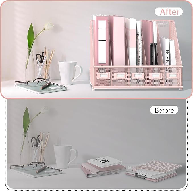 SUPEASY Desk Organizers Metal Desk Magazine File Holder with 5 Vertical Compartments Rack File Organizer for Office Desktop, Home Workspace, Pink Plus