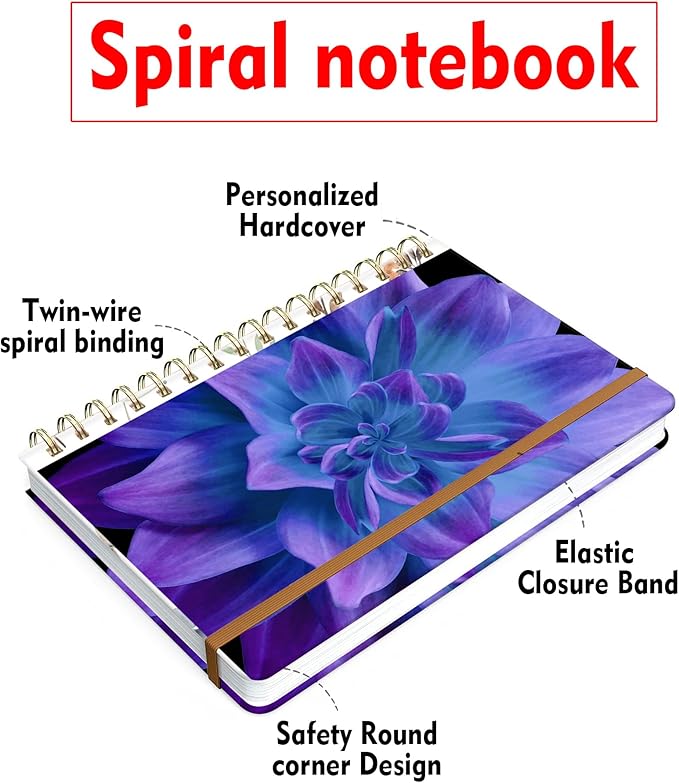 Spiral Journal Notebook for Women, Hardcover A5 College Ruled Notebook, 120 Pages, Thick Paper, Cute Lined Journal for School, Office & Work, 6 x 8.4 in(Purple Blue Dahlia Flower)