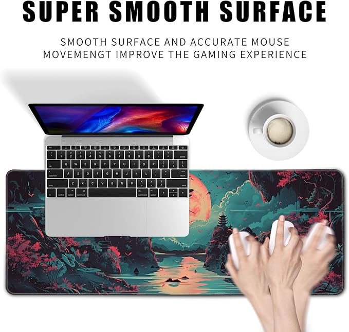 Japanese Desk Mat Riverside Full Moon Desk Pad Psychedelic Mlarge Mouse Pad Dragonfly Gaming Mousepad Extended XL Keyboard Pad 31.5 x 11.8 in Laptop Computer Mouse Keyboard Mat for Office Desk Decor