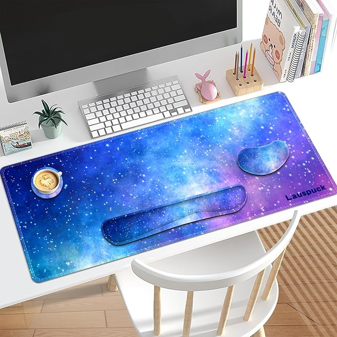 Desk Mat, Gaming Mouse Pad Wrist Rest Support Combo, XXL Large Mousepad + Keyboard Wrist Support +Mouse Wrist Rest+Coaster Set with Ergonomic Design 4in1 for Home Office, Nebula Galaxy