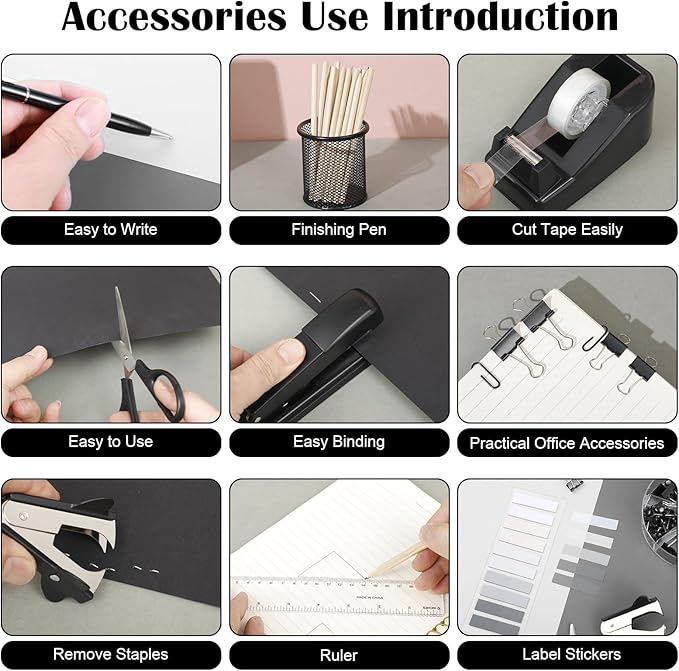 13 in 1 Black Desk Accessories, Black Office Supplies for Men Wome with Stapler and Tape Dispenser Set, Tape, 1000 Staples, Staple Remover, Scissors, Pen, Pen Holder, Tabs, Ruler, Clips Set