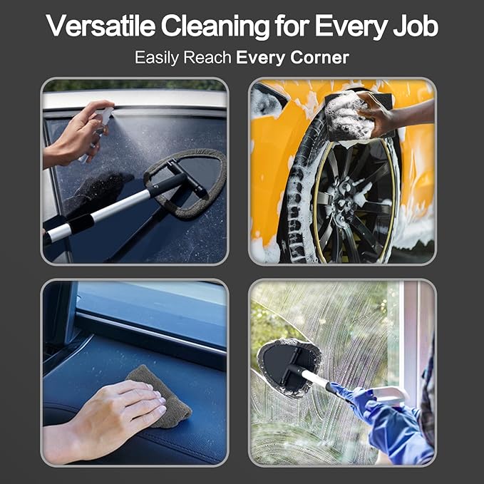 Windshield Cleaner Tool 22.5" L - Car Interior&Exterior Window Cleaning Kit with Extendable Handle&4 Microfiber Pads and Thick Large Wash Sponge, Auto Glass Wiper Brush Kit for Cars Home (7pcs Grey)