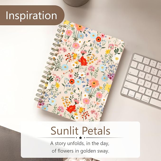 Cute Spiral Notebook journal A5 Aesthetic Pretty Floral Design for Women Girls Kawaii with Pocket, 8.5 x 5.7 inch, Yellow Floral