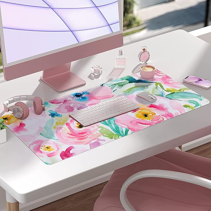 HAOCOO Floral Extended Desk Pad, Large Mouse Mat With Edge Stitching, 2 MM Thick Waterproof Computer Keyboard Mat, Non-Slip Rubber Base for Office