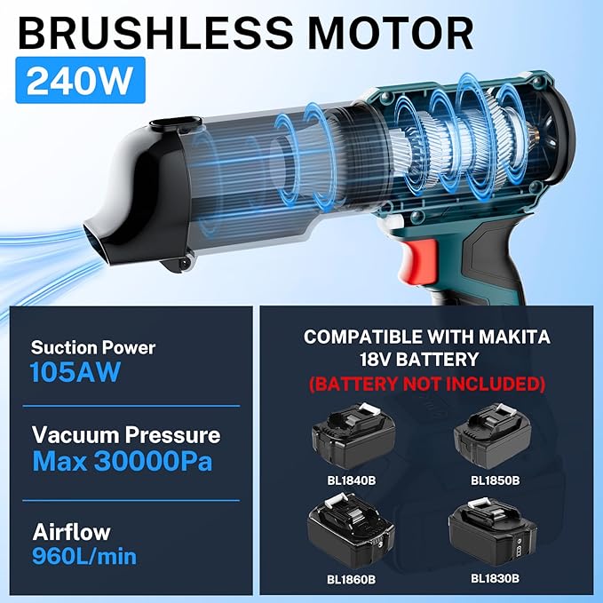 YEX-BUR Cordless Handheld Vacuum for Makita 18V Battery(Tool Only), 240W Powerful Car Vacuum with Brushless Motor, 3-Speed, 5 Filters, Portable Vacuum Cleaner for Home Office Car Pet