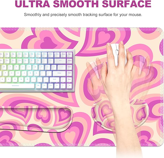 Keyboard Mouse Pad Set, Extended Gaming Mouse Pad +Keyboard Wrist Support +Mouse Wrist Rest +Coaster, 35.4x15.7 in XXL Large Ergonomic Desk Mat 4in1 Set for Home Office, Pink Heart
