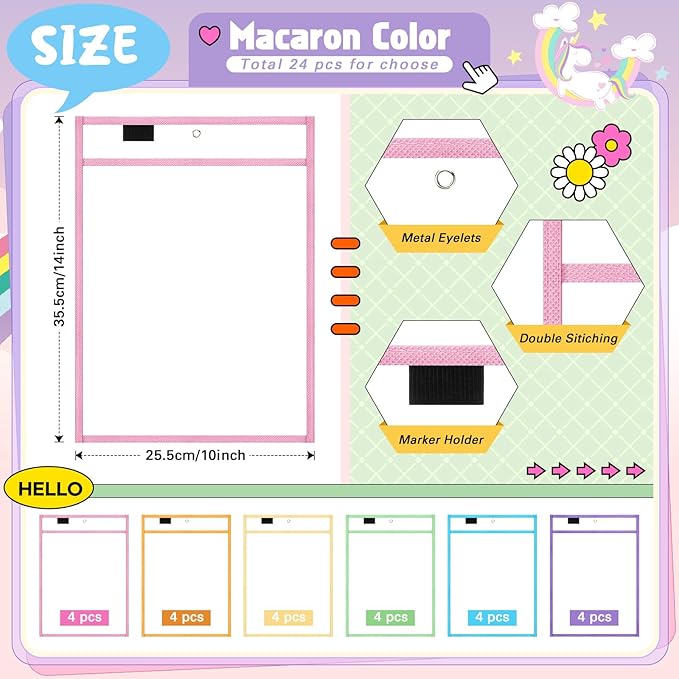 24 Pack Dry Erase Pocket Reusable Sleeves 10" x 14" Clear Plastic Sheet Protectors with Dry Erase Markers and Mini Sleeves Paper Teacher Supplies(Pastel)
