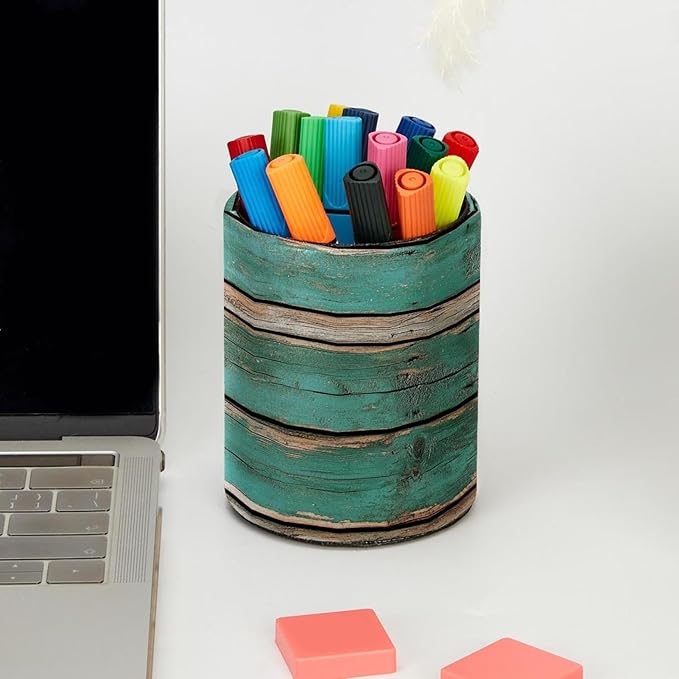 Rustic Distressed Teal Green Barn Wood P (2) Pencil/Pen Holder for desk, Round Desktop Organizer for Desk Multi Purpose Use for Home School Office Supplies