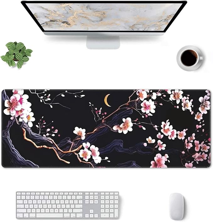 Plum Blossom and Moon Large Mouse Pad, Japanese Flowers Gaming Desk Mat, XL Keyboard Desk Pad Mat for Desktop, 31.5"x11.8" Non-Slip Base Big Mousepad with Stitched Edges