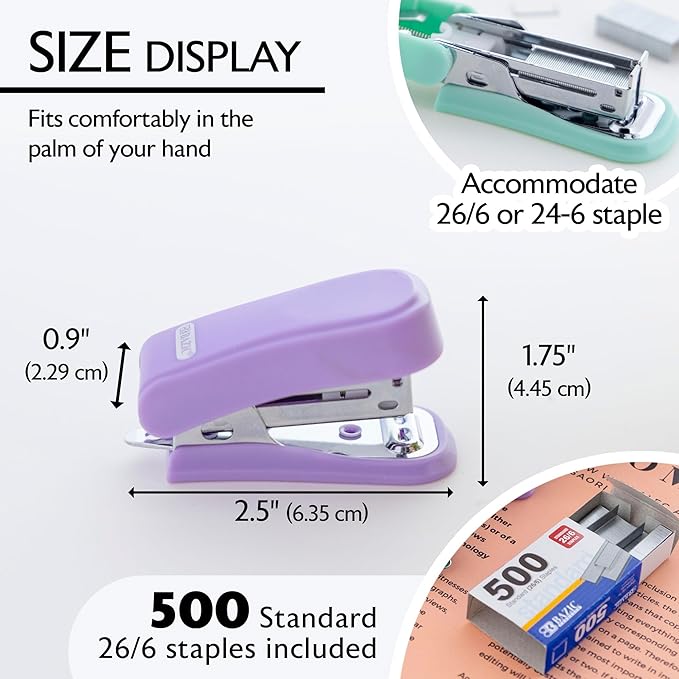 BAZIC Mini Stapler w/ 500 Staples, Standard (26/6) Pastel Color, Built-in Staple Remover, Portable Small Staplers, 4-Pack