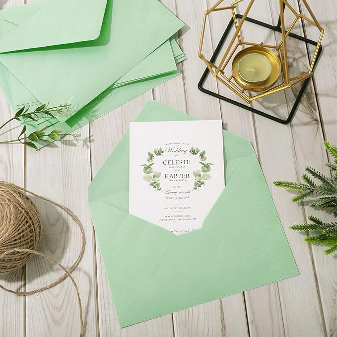 Whaline 50Pcs A7 Invitation Envelopes Set Pastel Green Greeting Card Envelopes V-Flap Envelope Gift Card Sleeves for Mailing Sending Card, 7.3x5.3 Inch
