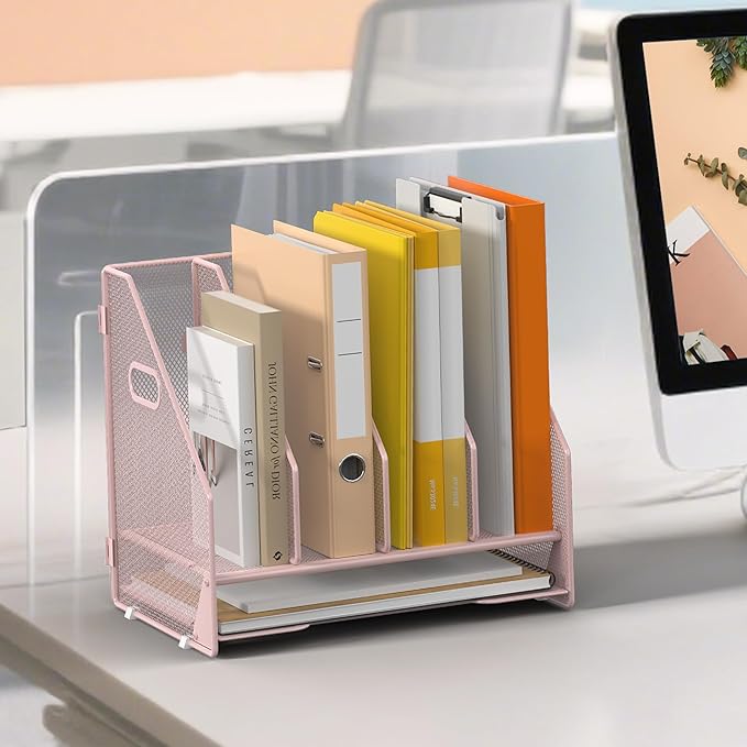 Desk File Folder Holder Organizer-4 Vertical Compartments Racks and Paper Letter Tray,Mesh Magazine File Holder Sorter,Desktop Accessories & Workspace Organizers for Home,Office,School-Pink