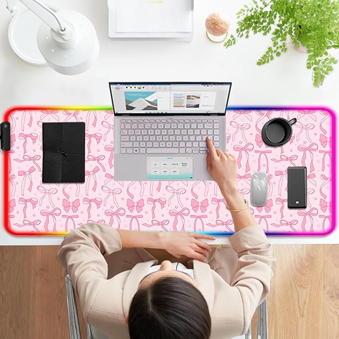 RGB Pretty Bow Girly Gaming Desk Mat, Computer Keyboard Large Extended Long LED Mouse Pad for Office and Home, XL (W24)