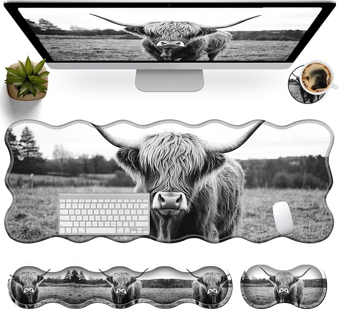 Office Mouse Pad Set with Wrist Support, Large 31.5"x11.8" Desk Mat, Ergonomic Memory Foam Keyboard Wrist Rest, Non-Slip Durable Mouse Pad for Work & Home, Highland Cow
