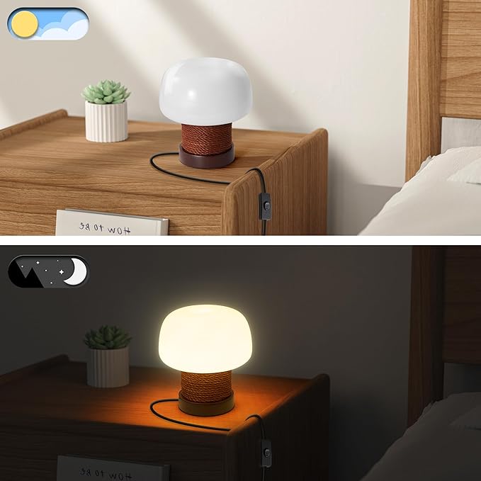 Small Table Lamp for Bedroom-Wooden Base Mushroom Table Lamps,Milky White Glass Shade,Three Adjustable Color Temperatures Modern Cute Unique Side Table and Desk Lighting(H 7.4 in)